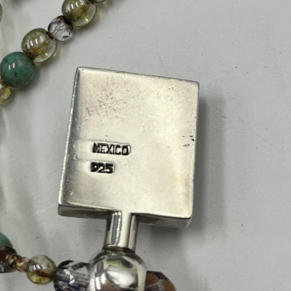 Vintage Mexico 925 Tiger's Eye Pendant Triple Strand Turquoise Crystal Necklace - Picture 9 of 10